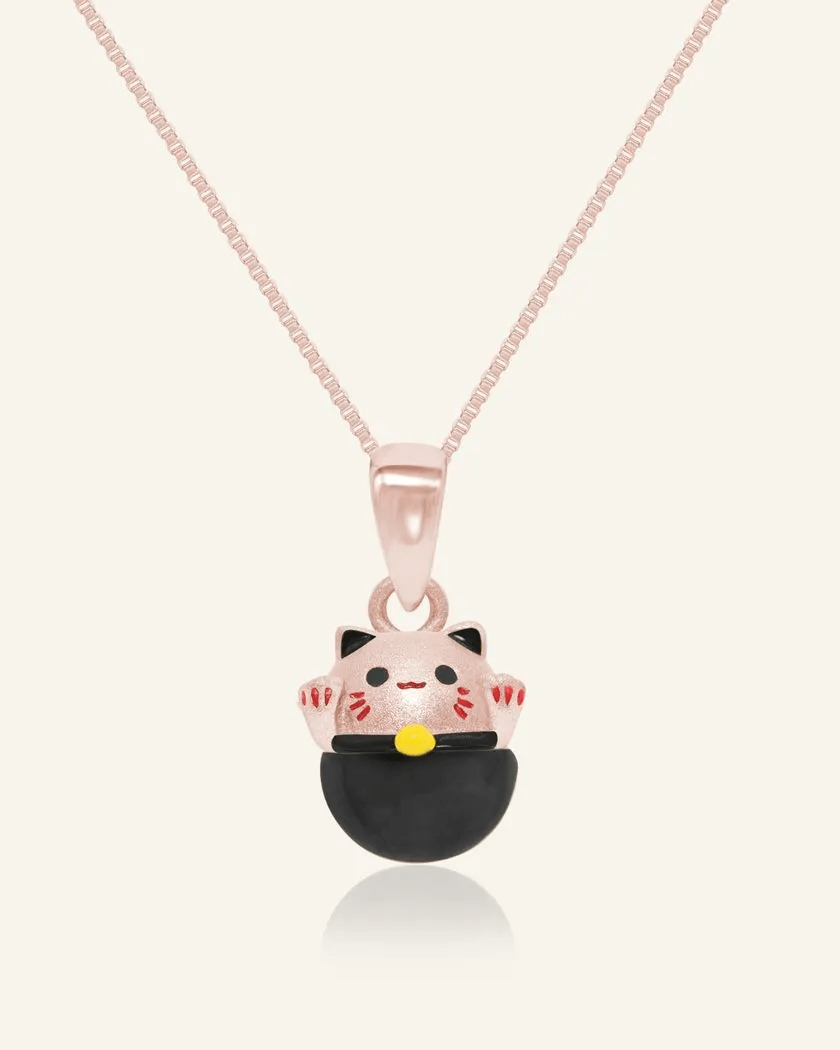 Fortune Cat Necklace (Obsidian) - Love Estella