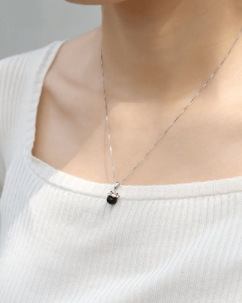 Fortune Cat Necklace (Obsidian) - Love Estella