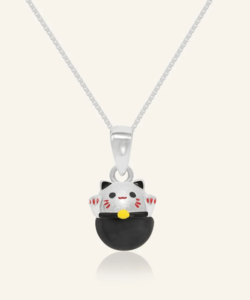 Fortune Cat Necklace (Obsidian) - Love Estella