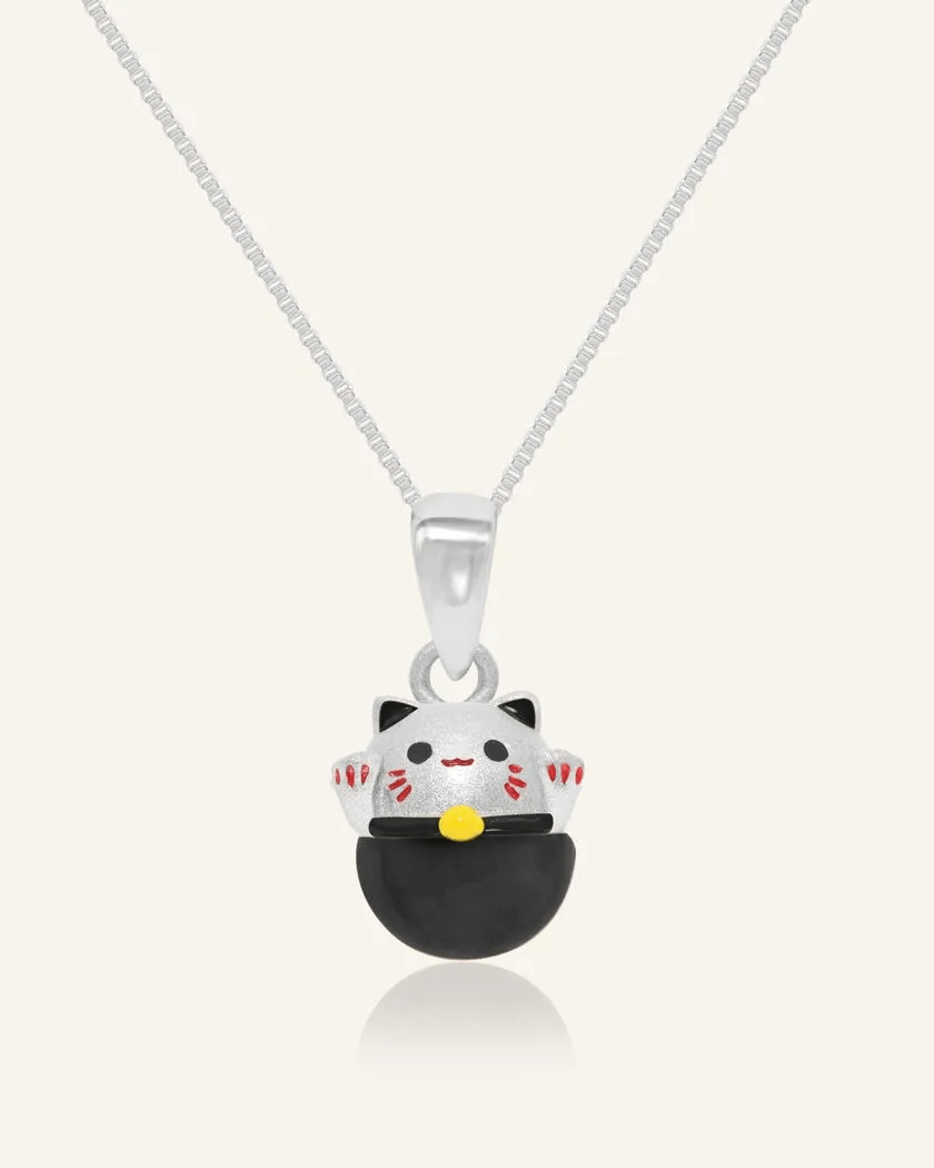 Fortune Cat Necklace (Obsidian) - Love Estella