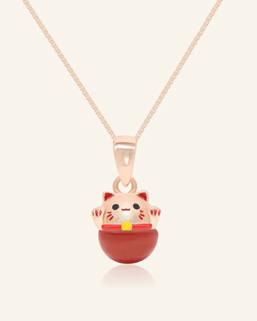 Fortune Cat Necklace (Red Agate) - Love Estella