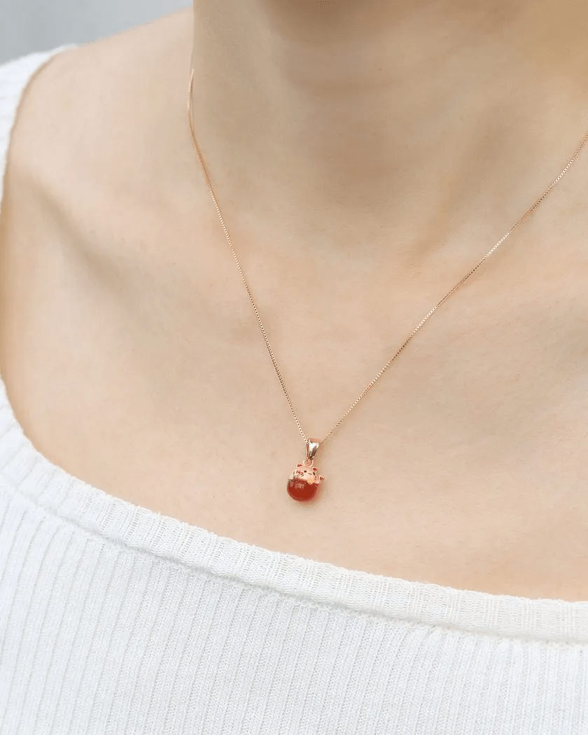 Fortune Cat Necklace (Red Agate) - Love Estella