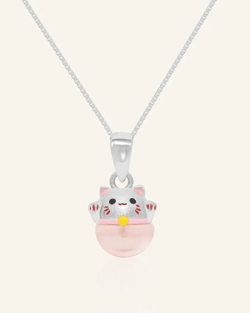 Fortune Cat Necklace (Rose Quartz) - Love Estella