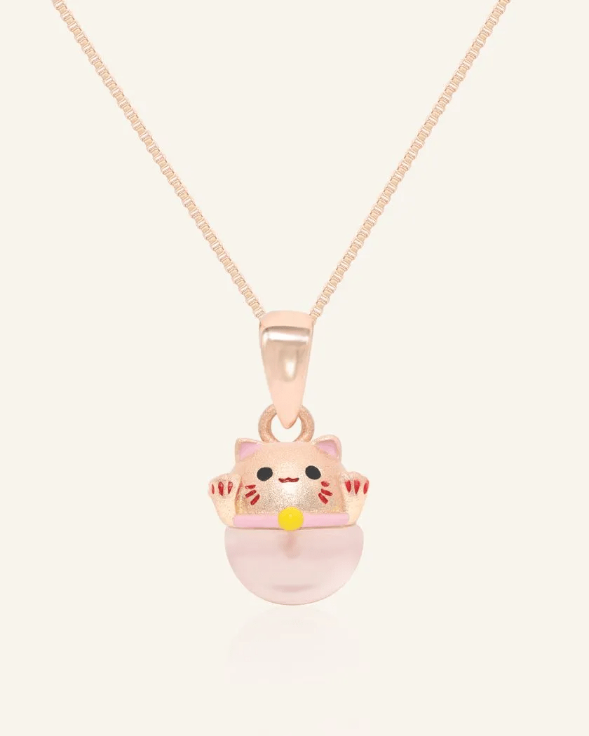 Fortune Cat Necklace (Rose Quartz) - Love Estella