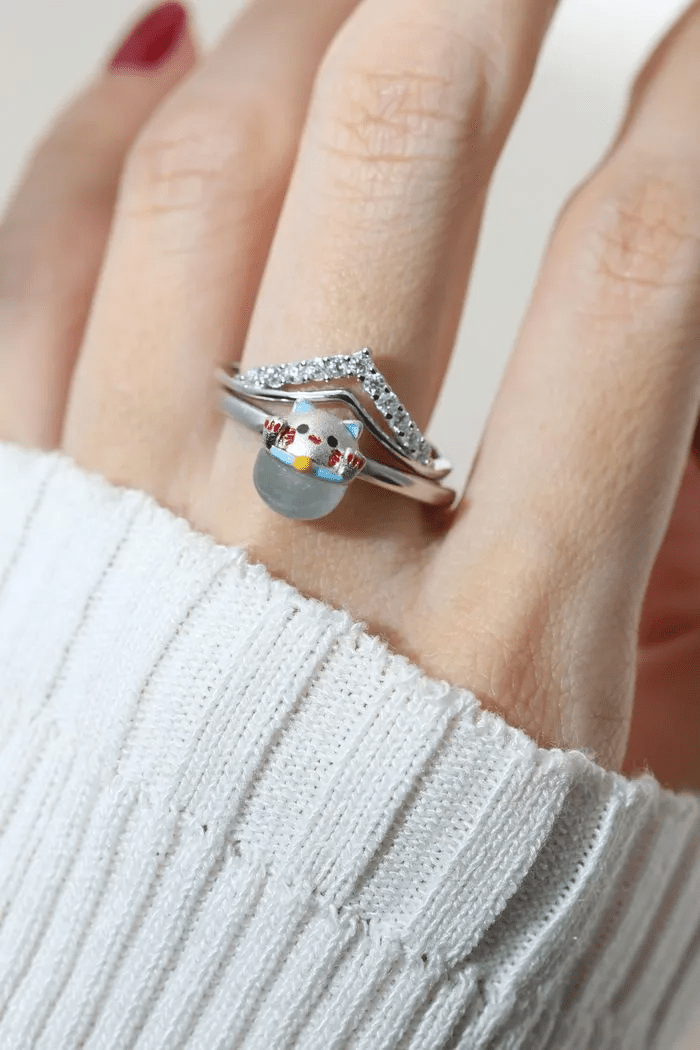 Fortune Cat Ring (Blue Chalcedony) - Love Estella