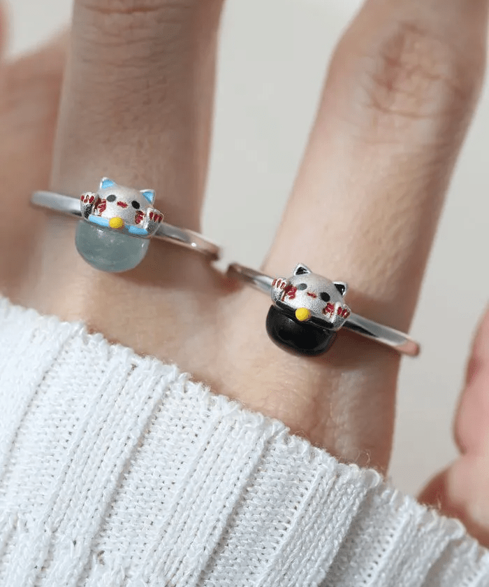 Fortune Cat Ring (Obsidian), product image