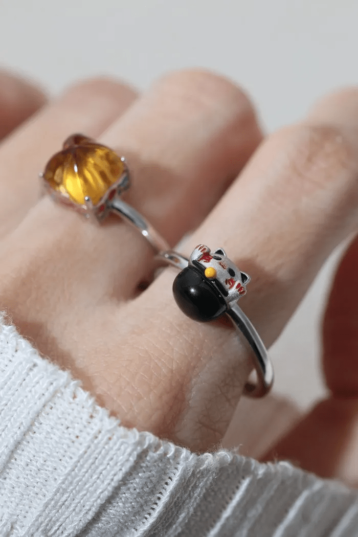 Fortune Cat Ring (Obsidian) - Love Estella