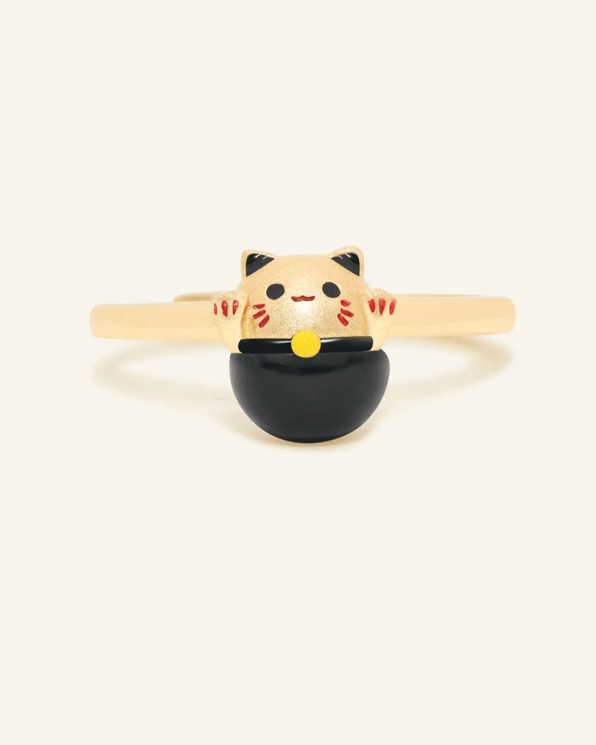Fortune Cat Ring (Obsidian) - Love Estella