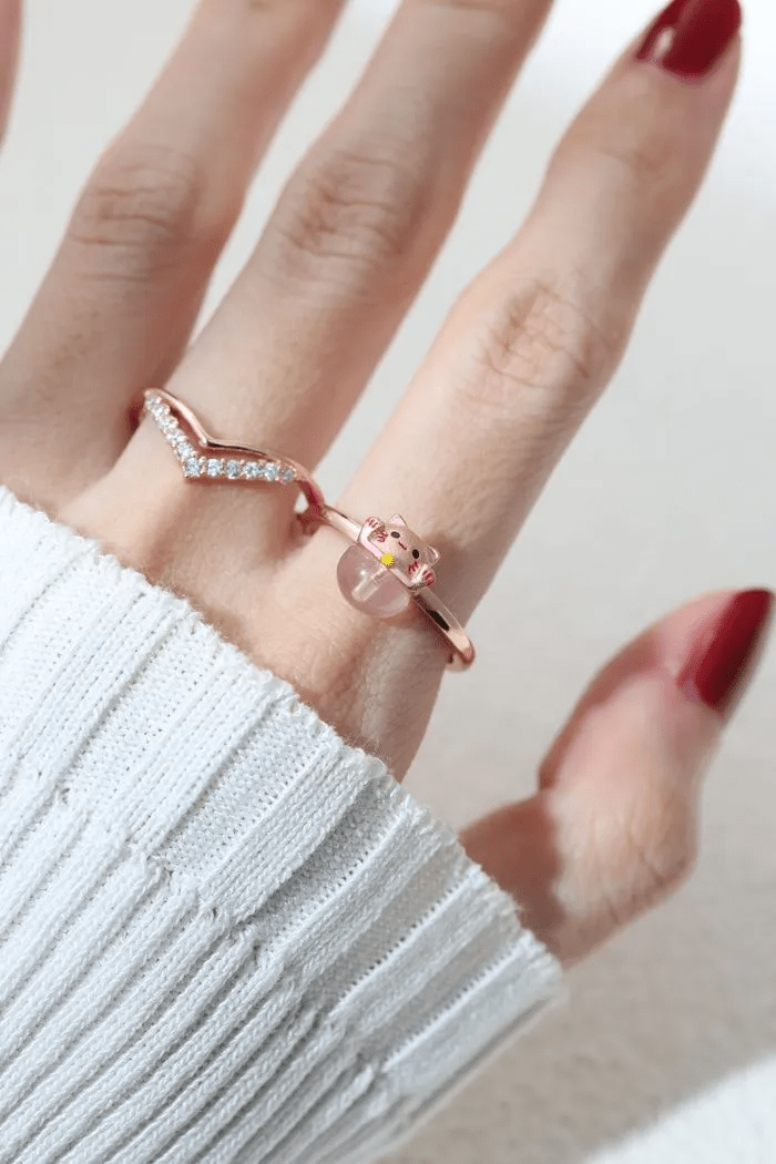Fortune Cat Ring (Rose Quartz) - Love Estella