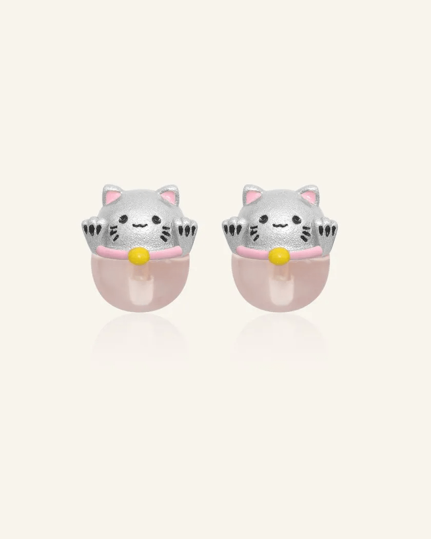 Fortune Cat Studs (Rose Quartz) - Love Estella