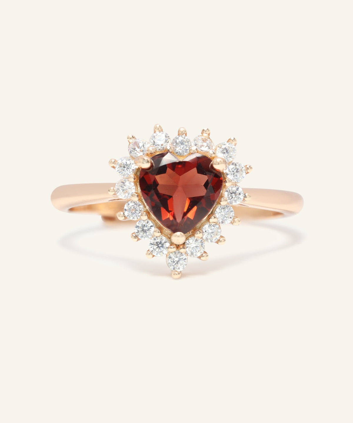 Garnet Heart Halo Ring in Rose Gold front product view