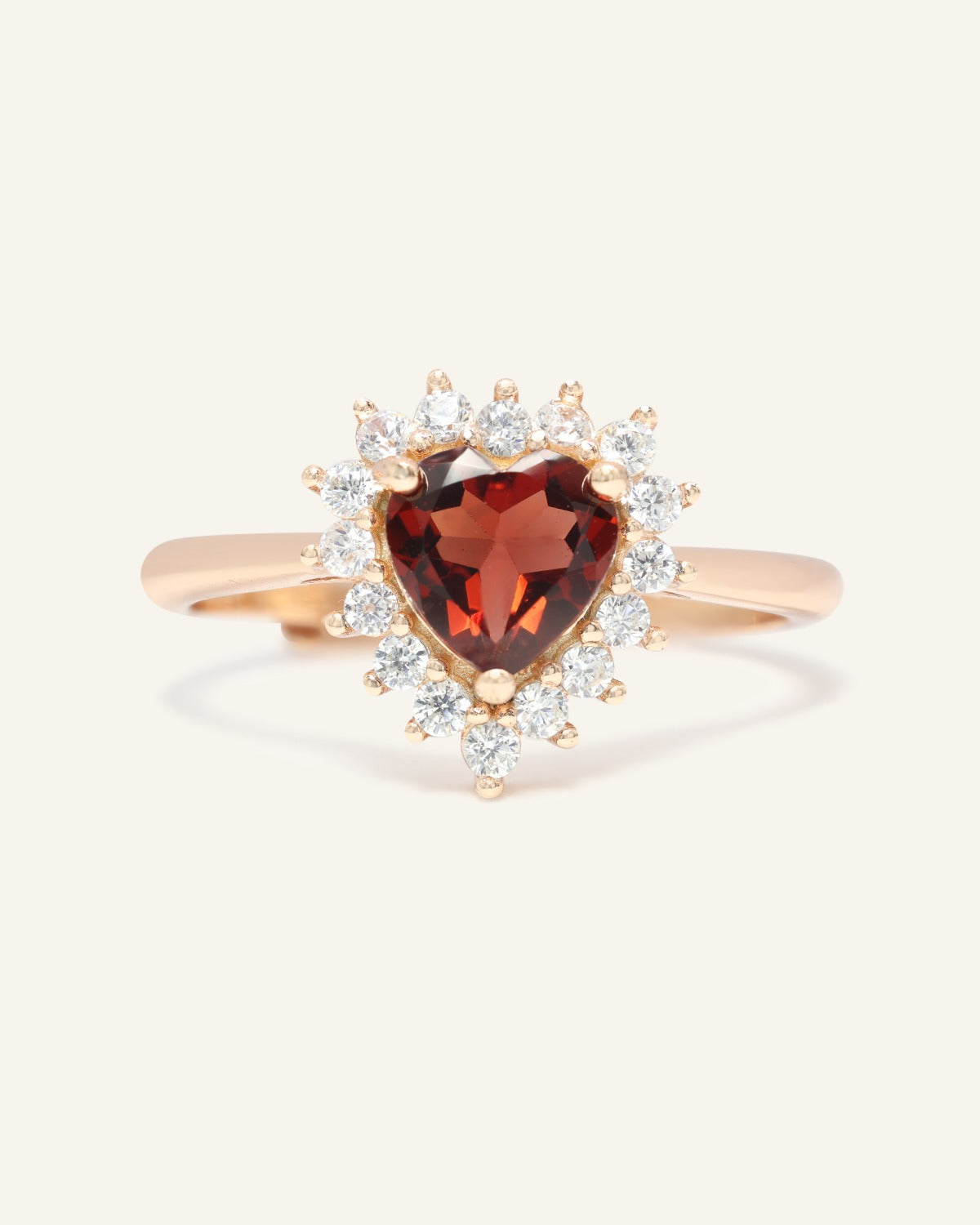 Garnet Heart Halo Ring in Rose Gold front product view