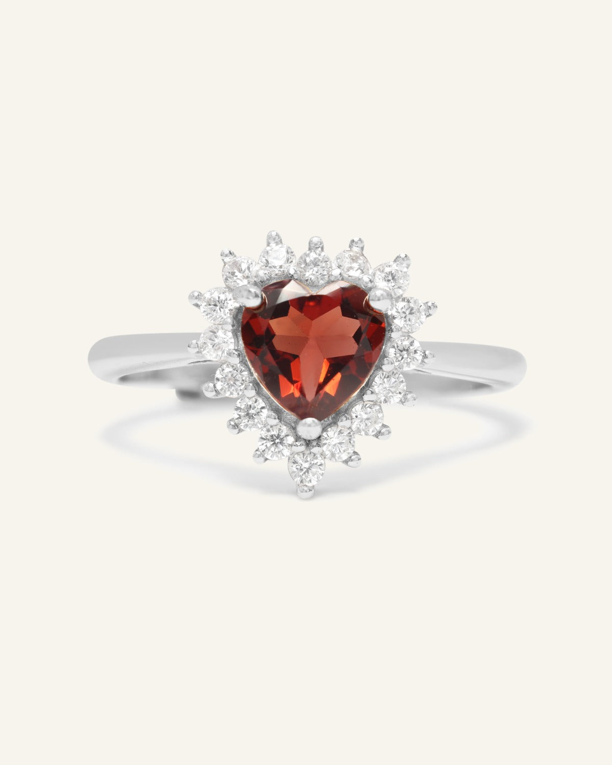 Garnet Heart Halo Ring in Silver front product view