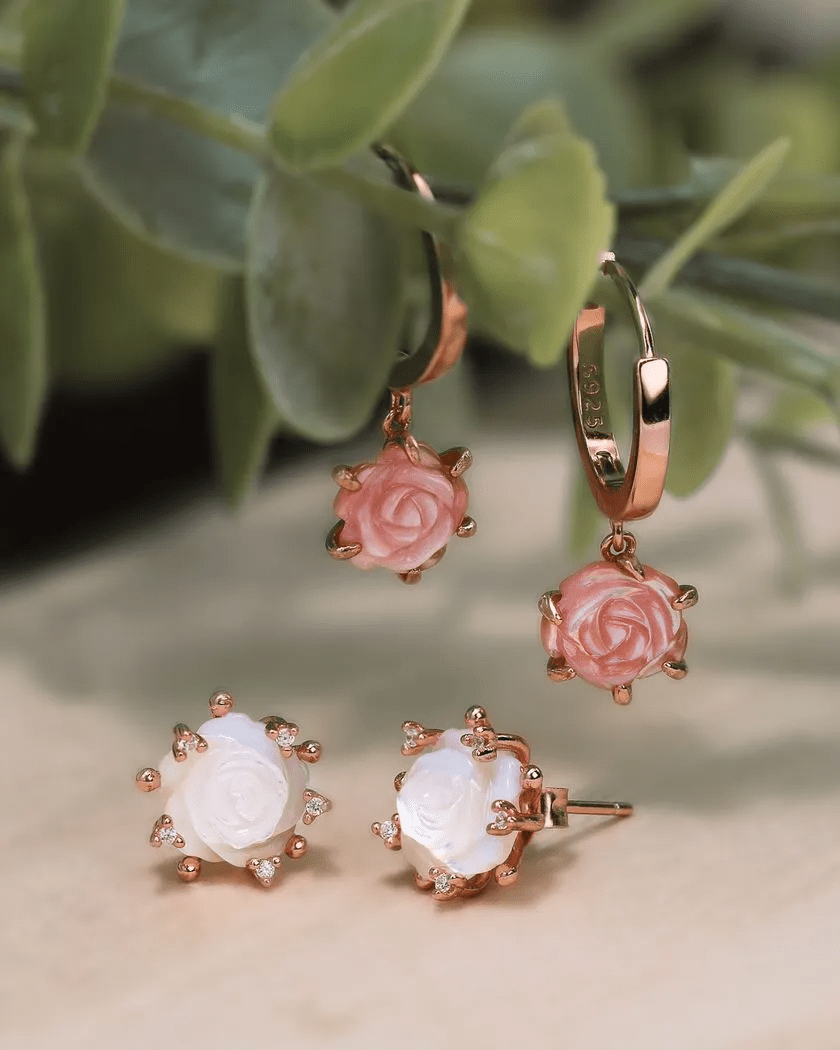 Handcarved Pink Shell Rose Huggies - Love Estella