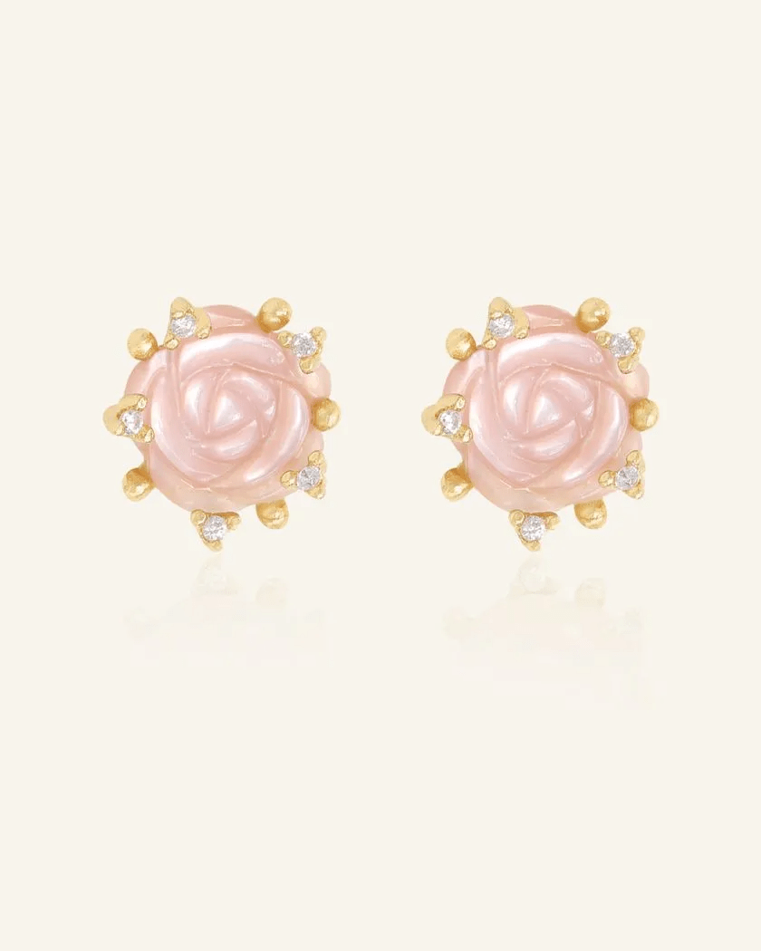 Handcarved Pink Shell Rose Studs - Love Estella
