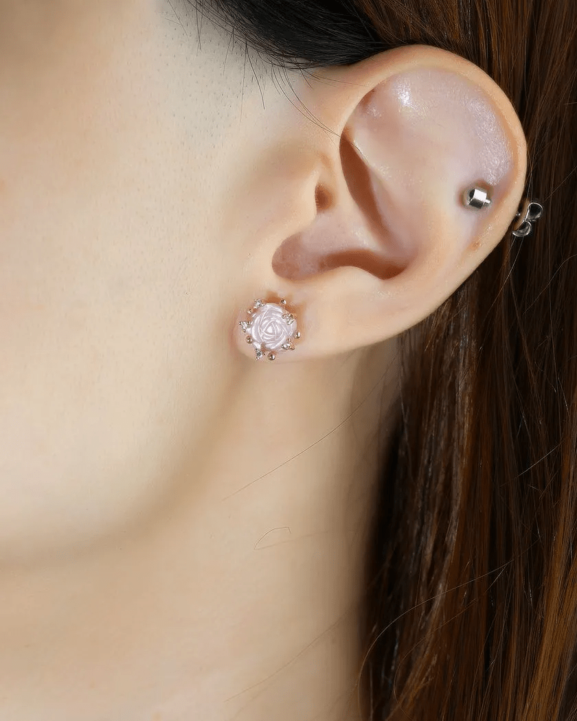 Handcarved Pink Shell Rose Studs - Love Estella