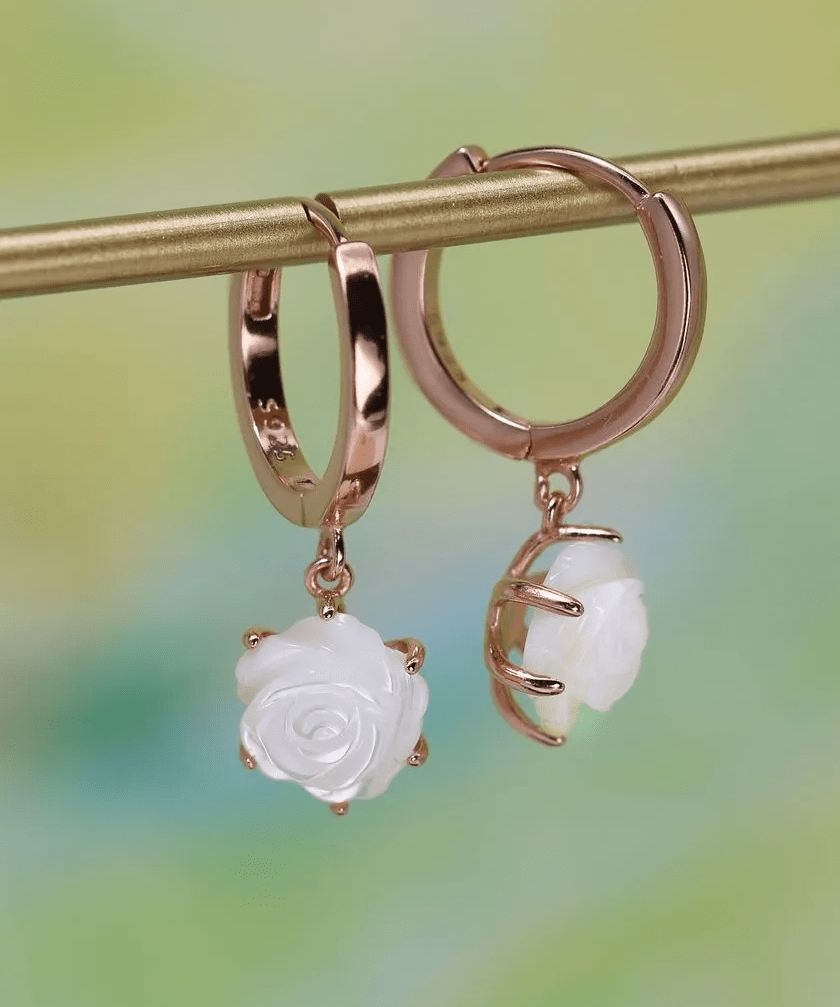 Handcarved White Shell Rose Huggies - Love Estella