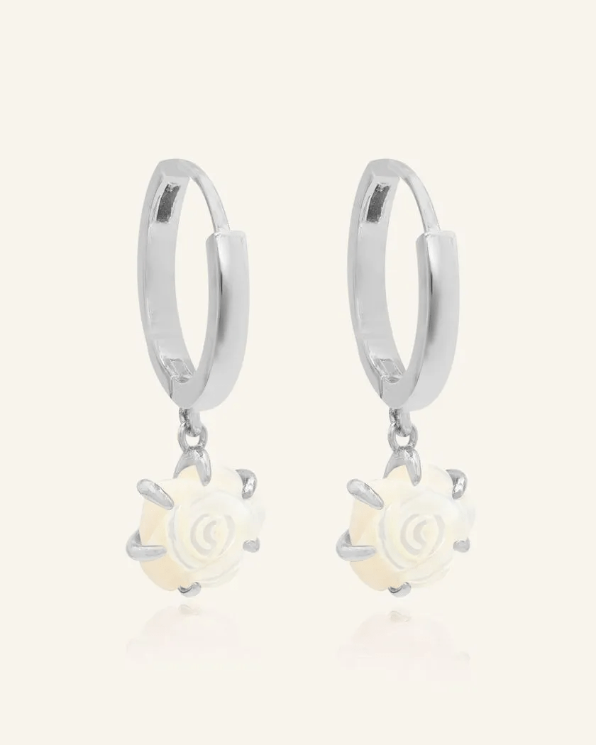 Handcarved White Shell Rose Huggies - Love Estella