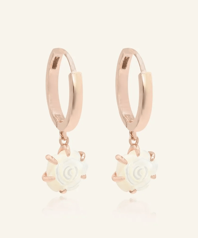 Handcarved White Shell Rose Huggies - Love Estella