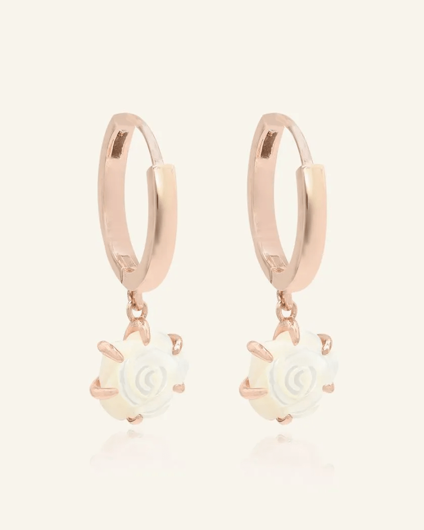 Handcarved White Shell Rose Huggies - Love Estella