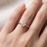 Hexagon step-cut moissanite ring in rose gold worn on a hand