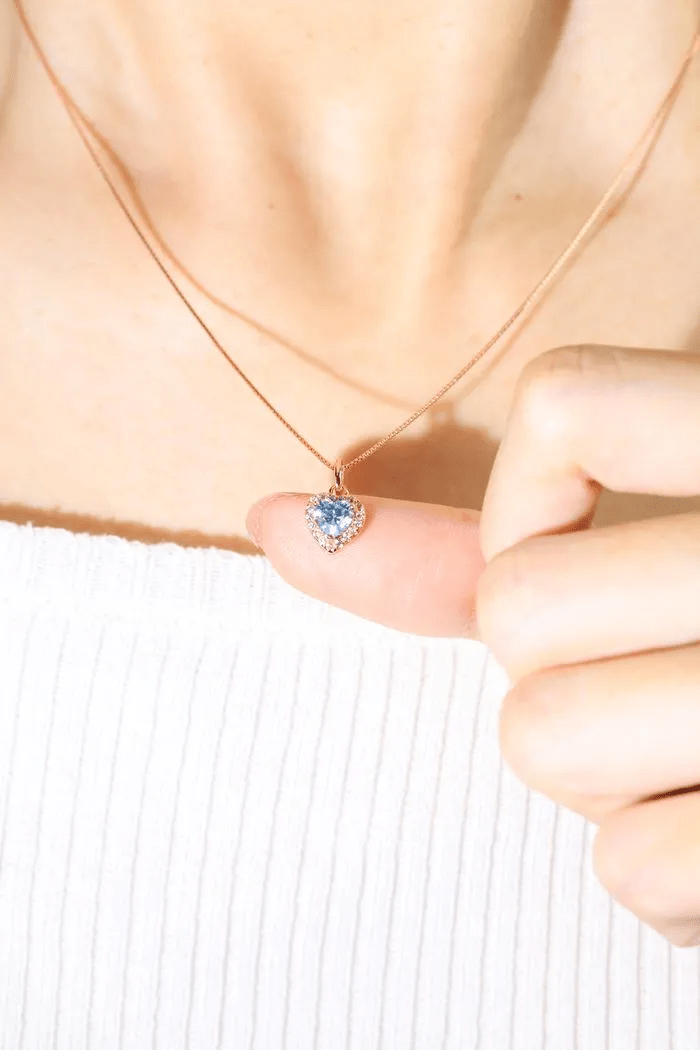 Ice Blue Moissanite Heart Halo Necklace by Elate - Love Estella