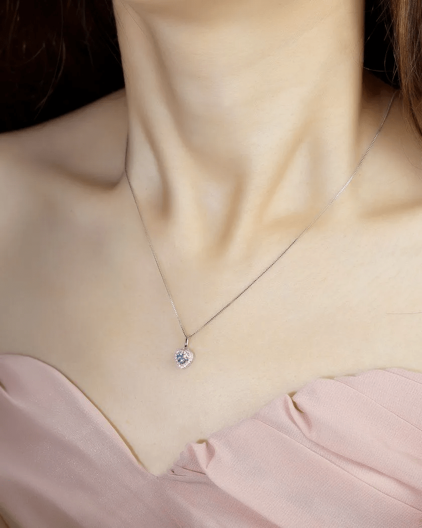 Ice Blue Moissanite Heart Halo Necklace by Elate - Love Estella