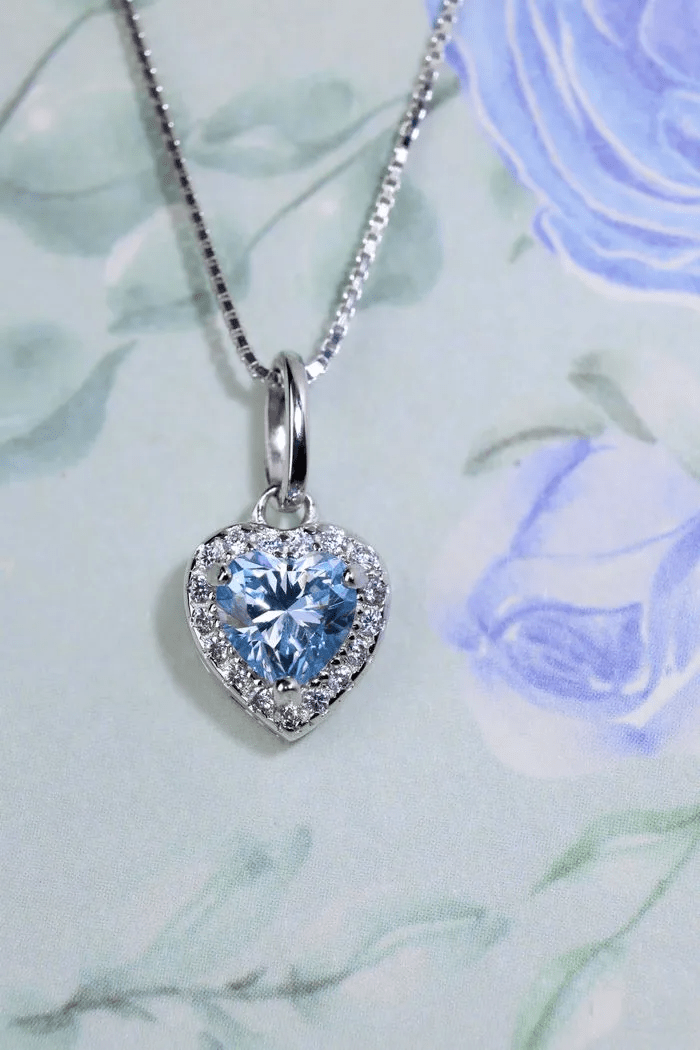 Ice Blue Moissanite Heart Halo Necklace by Elate - Love Estella