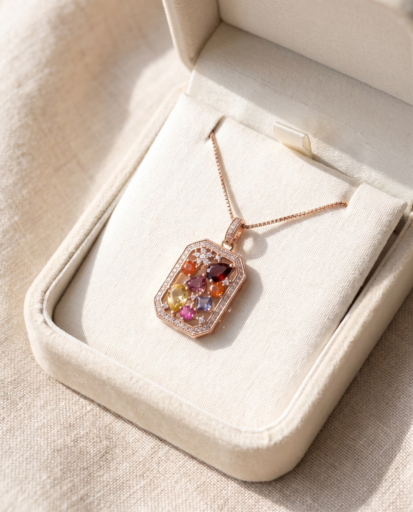 Jewel Box Multi-Gemstone Necklace in rose gold, displayed in a cream jewellery box