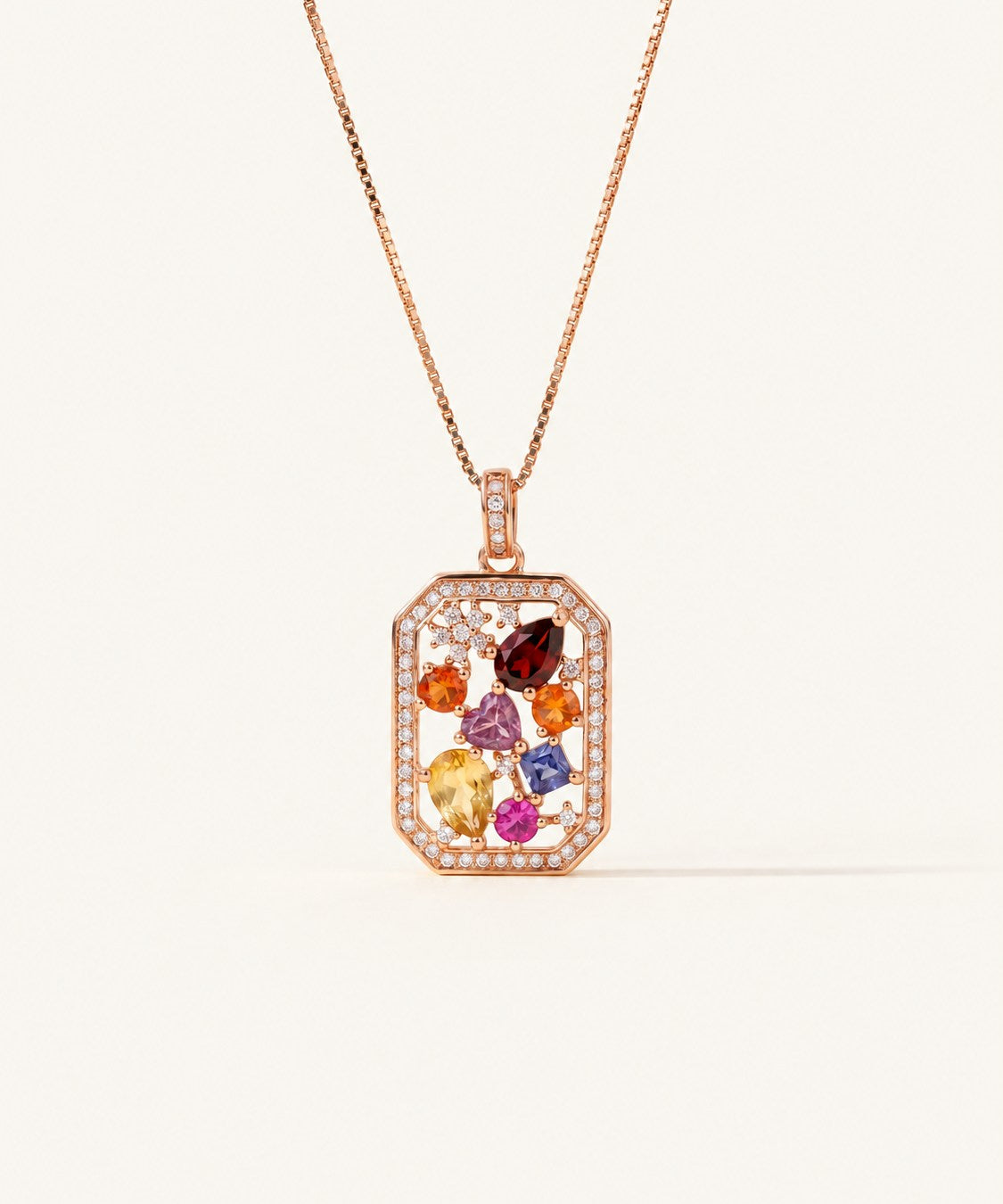 Jewel Box Multi-Gemstone Necklace in rose gold, front view on warm ivory