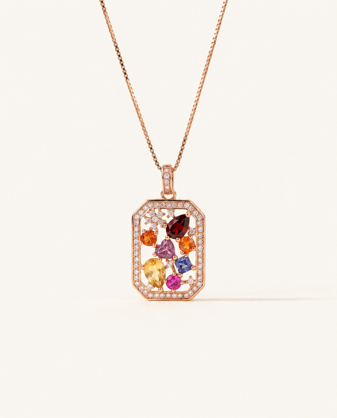 Jewel Box Multi-Gemstone Necklace in rose gold, front view on warm ivory