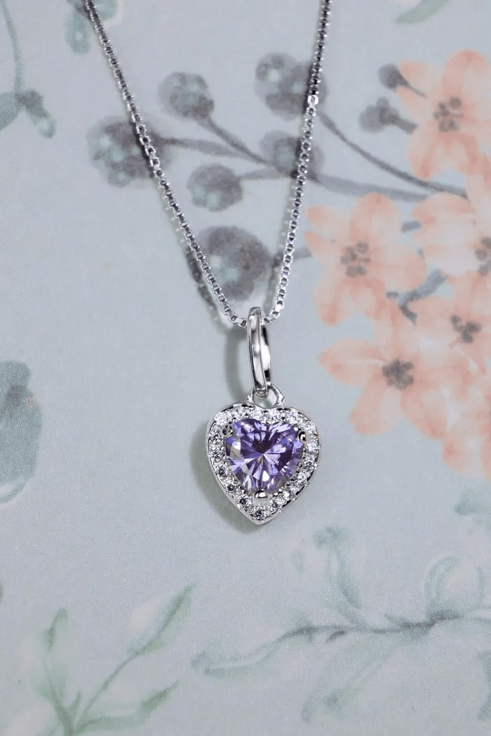 Lilac Moissanite Heart Halo Necklace by Elate - Love Estella