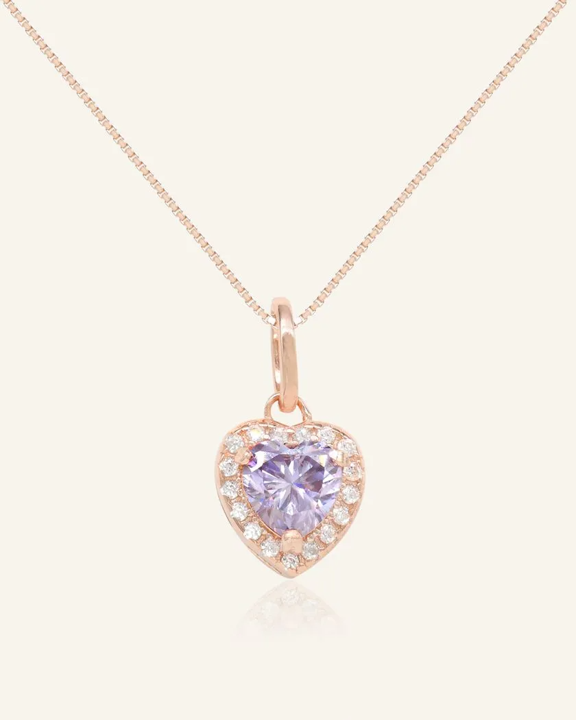 heart-shaped lilac moissanite halo necklace in rose gold vermeil, featuring a delicate chain and a sparkling moissanite centerpiece surrounded by a halo of brilliant accents.