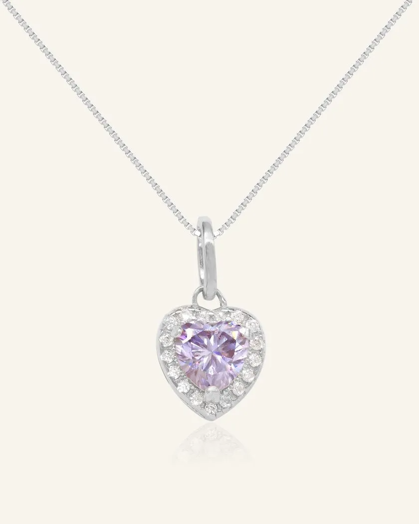 heart-shaped lilac moissanite halo necklace in rhodium vermeil, featuring a delicate chain and a sparkling moissanite centerpiece surrounded by a halo of brilliant accents.