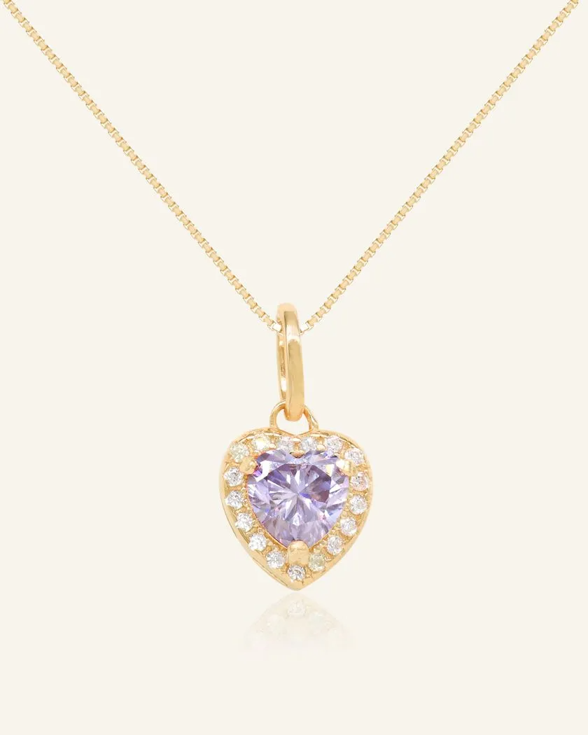 heart-shaped lilac moissanite halo necklace in yellow gold vermeil, featuring a delicate chain and a sparkling moissanite centerpiece surrounded by a halo of brilliant accents.
