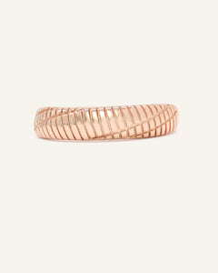 Linear Stripes Band in rose gold, front view of the engraved striped band on warm ivory