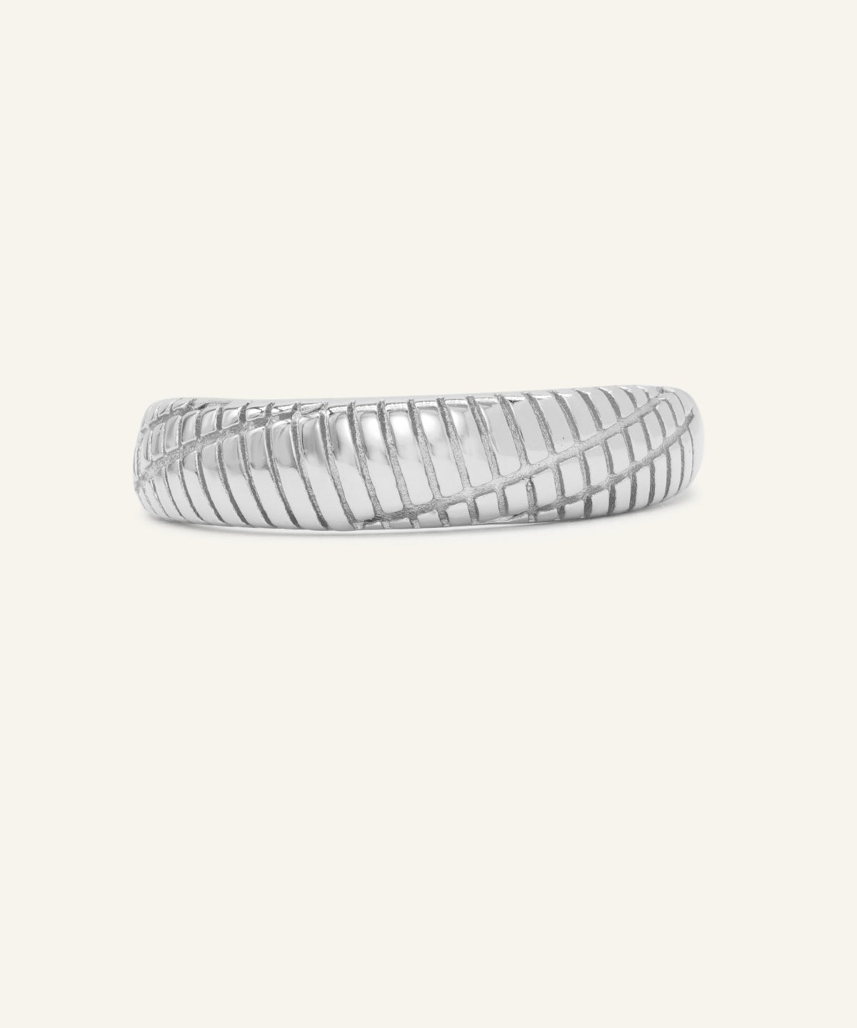 Linear Stripes Band in silver, front view of the engraved striped band on warm ivory