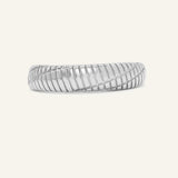 Linear Stripes Band in silver, front view of the engraved striped band on warm ivory