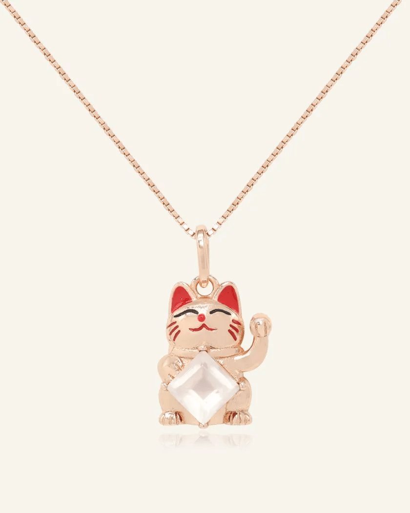 Lucky Cat Necklace (Rose Quartz) - Love Estella