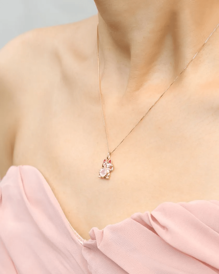 Lucky Cat Necklace (Rose Quartz) - Love Estella