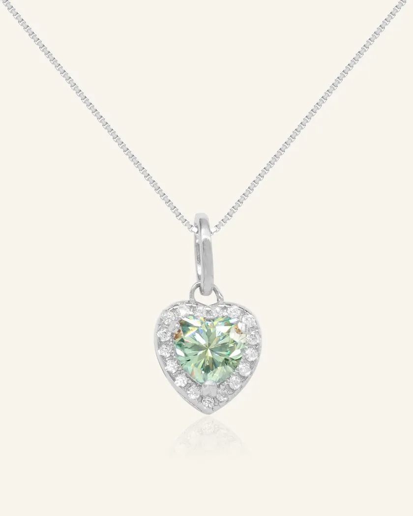 heart-shaped mint moissanite halo necklace in rhodium vermeil, featuring a sparkling green moissanite center surrounded by a delicate halo of cubic zirconias on a fine chain.