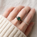Nocturne Halo Hexagon Ring with lab-grown alexandrite and black CZ accents, rose gold green worn stack
