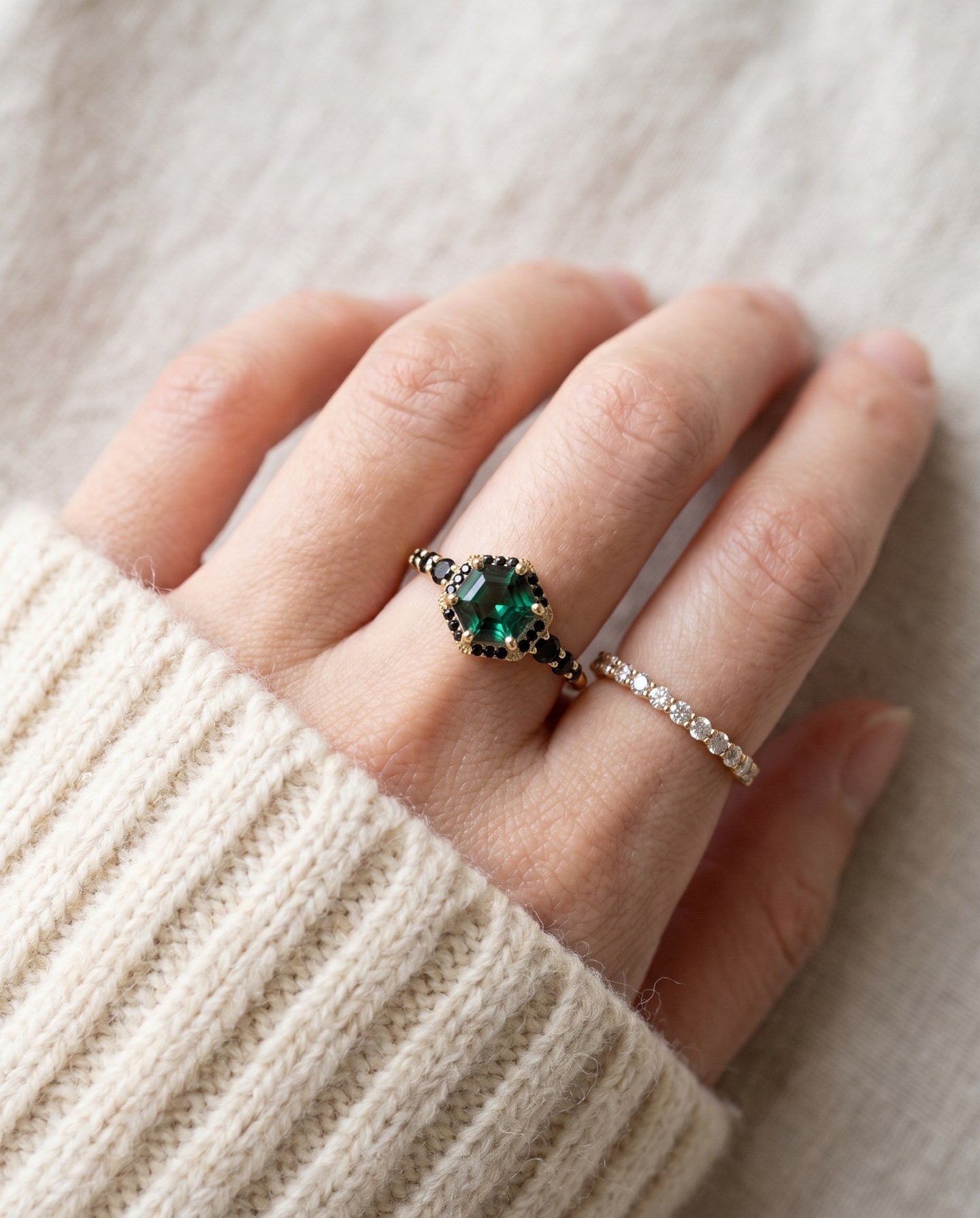 Nocturne Halo Hexagon Ring with lab-grown alexandrite and black CZ accents, rose gold green worn stack
