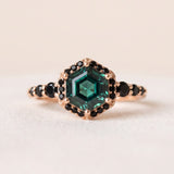 Nocturne Halo Hexagon Ring in rose gold, green lab-grown alexandrite with black CZ halo, front product view