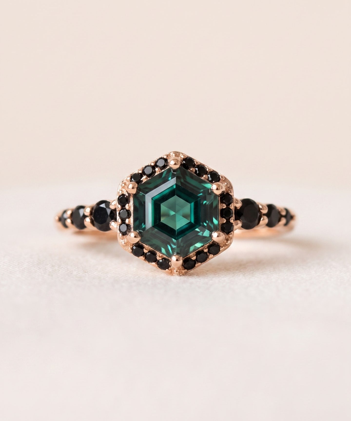 Nocturne Halo Hexagon Ring in rose gold, green lab-grown alexandrite with black CZ halo, front product view