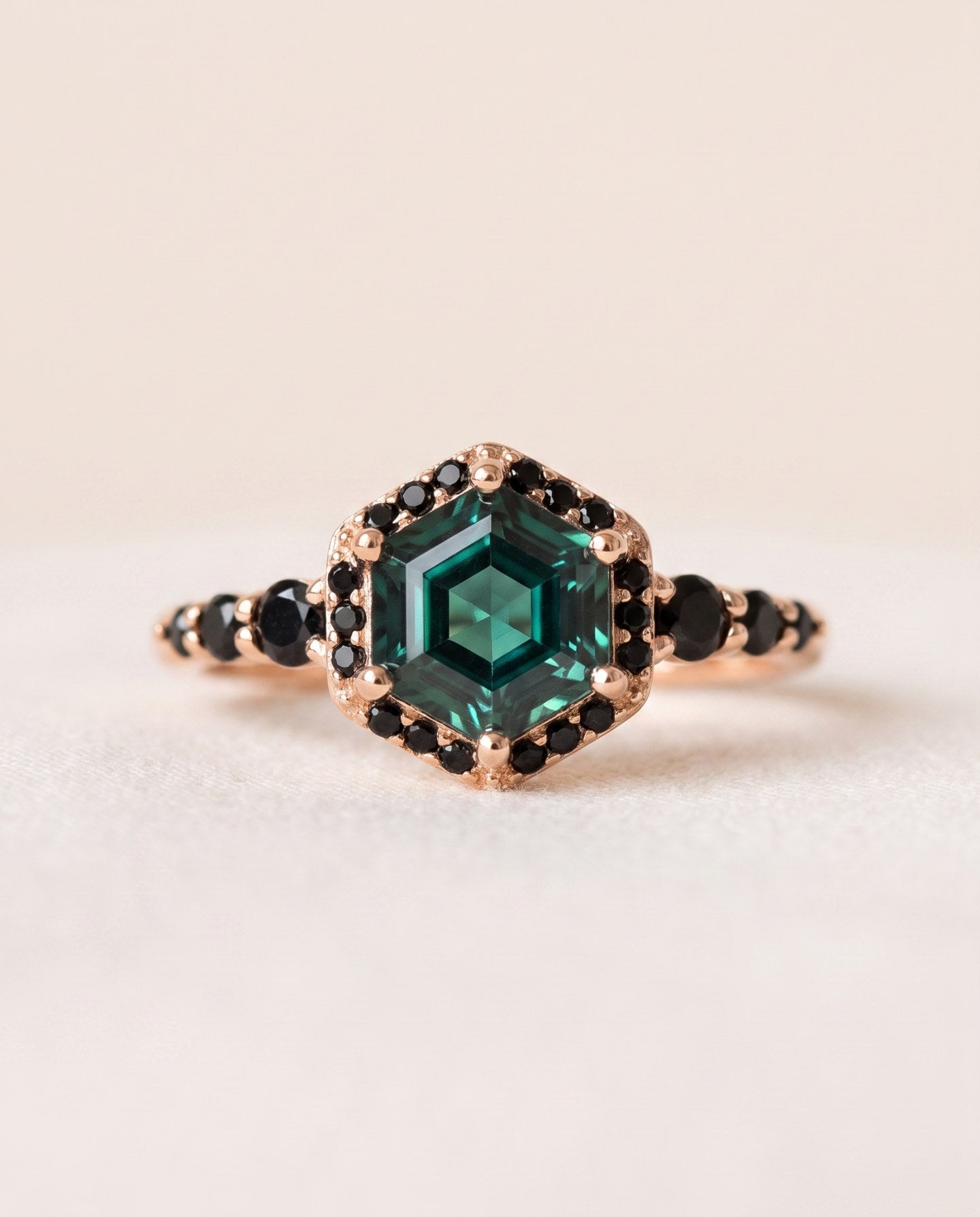 Nocturne Halo Hexagon Ring in rose gold, green lab-grown alexandrite with black CZ halo, front product view