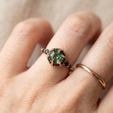 Nocturne Halo Hexagon Ring with lab-grown alexandrite and black CZ accents, yellow gold green worn