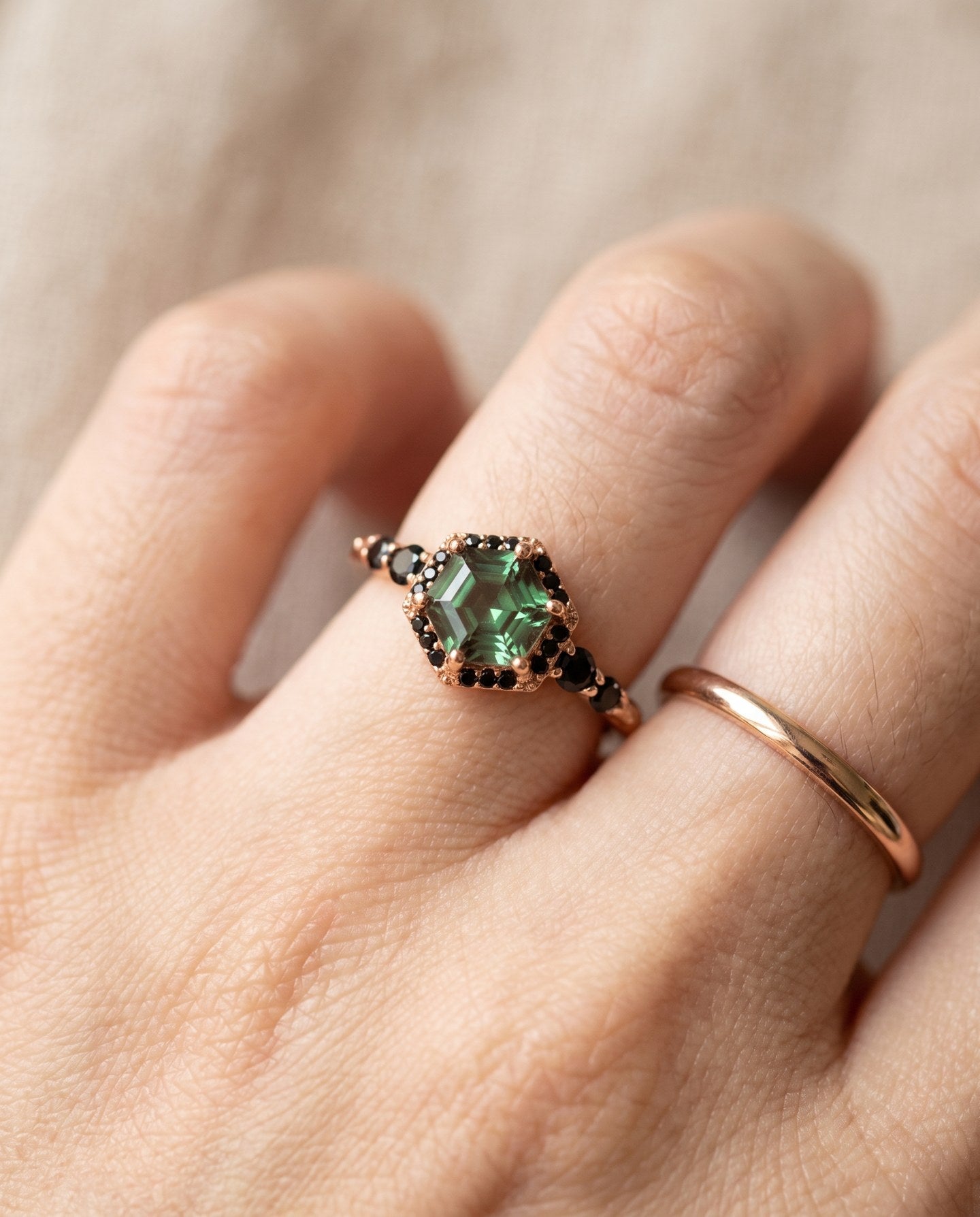 Nocturne Halo Hexagon Ring with lab-grown alexandrite and black CZ accents, yellow gold green worn