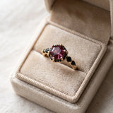 Nocturne Halo Hexagon Ring in yellow gold resting in a ring box, lab-grown alexandrite showing raspberry-pink tones with black CZ accents
