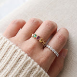 Papillon Trio Gemstone Ring in rose gold, worn pearl stack